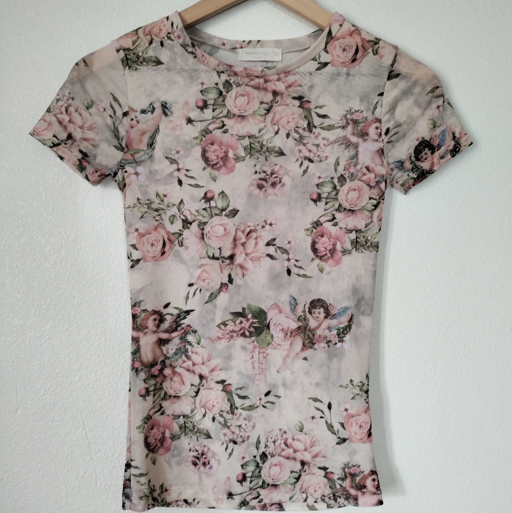 XS Angels & Florals Mesh Top
